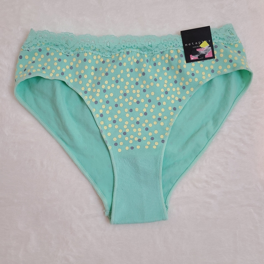 VTG Sears Metaphor Seamless Stretch Nylon Bikini Panty Size Lg Green Dots